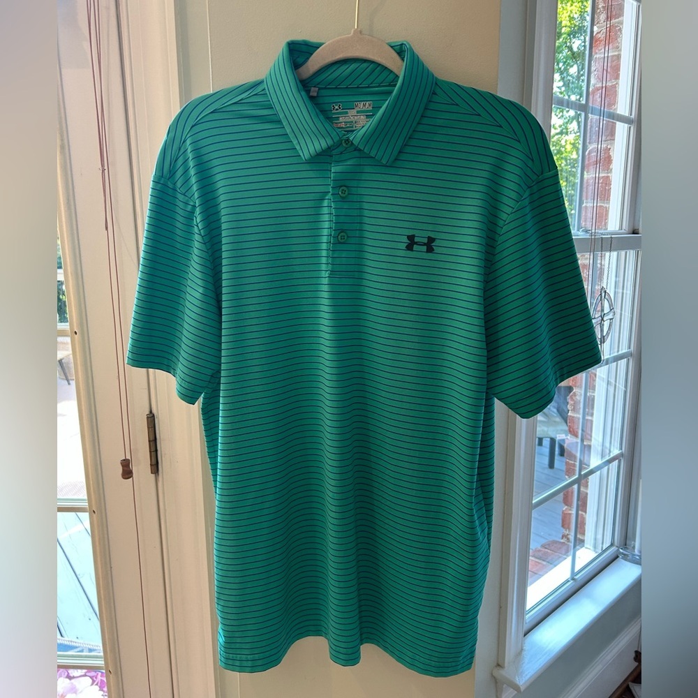 Under Armour Loose Heat Gear Golf Shirt Mens Medium Green with Blue Stripe Polo